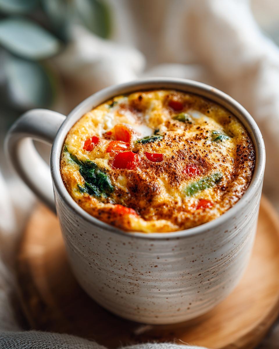 Close-up of a Microwave Mug Omelette with Veggies, cooked in a mug, with visible vegetables.