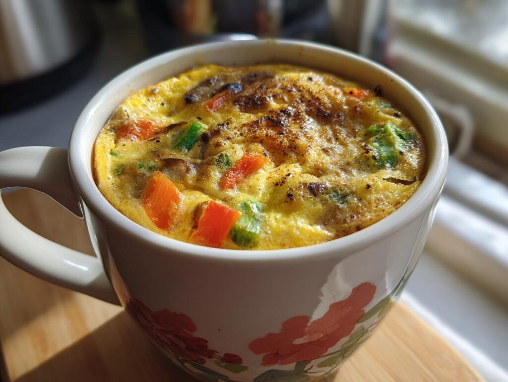 Close-up of a Microwave Mug Omelette with Veggies, cooked in a mug, with colorful bell peppers.