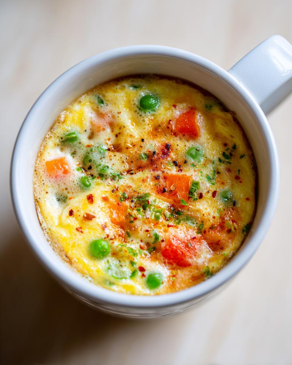 Close-up of a Microwave Mug Omelette with Veggies in a white mug, showing peas, carrots, and herbs.