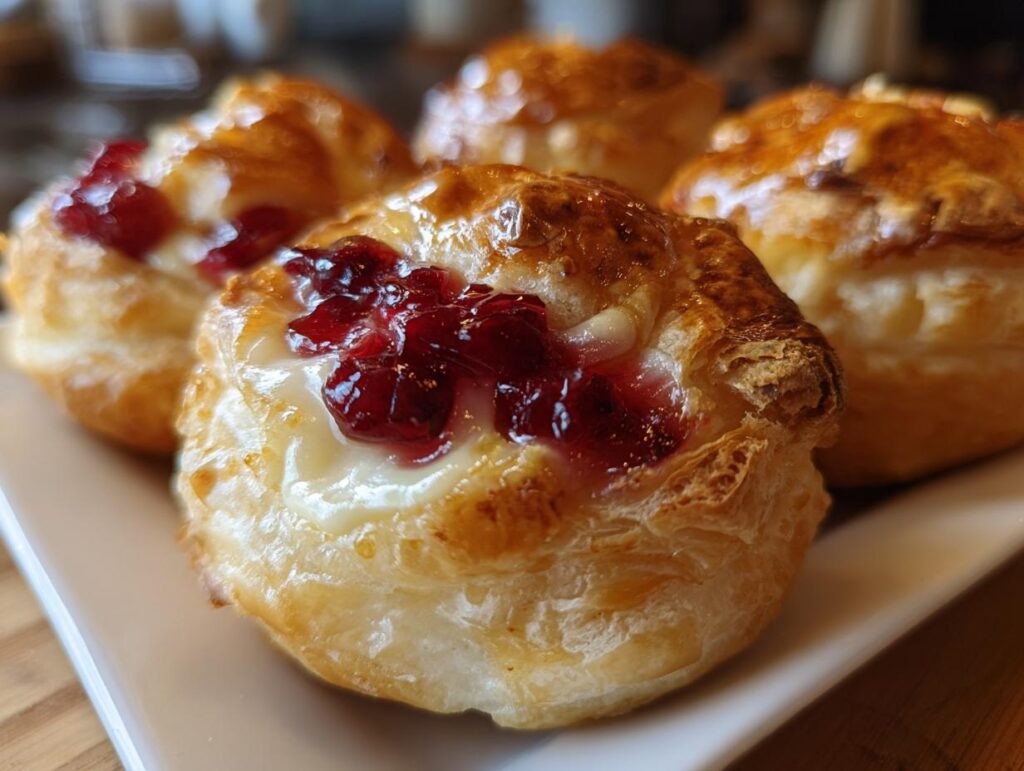 Close-up of golden brown Mini Brie & Cranberry Bites in Puff Pastry, topped with melted brie and cranberry sauce.
