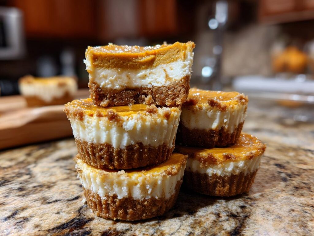A stack of delicious mini pumpkin cheesecakes with a graham cracker crust and creamy filling.