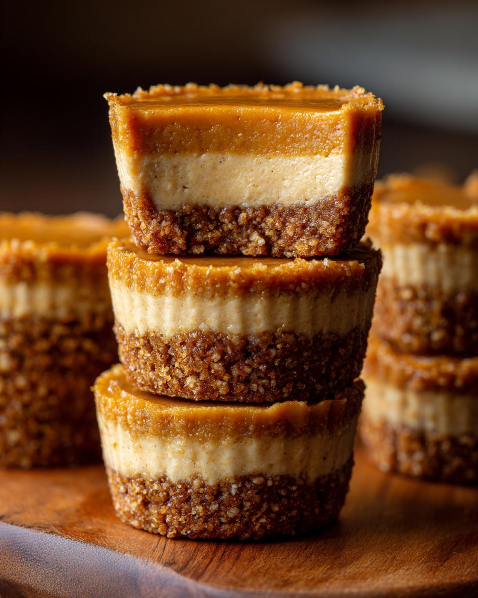 A stack of three mini pumpkin cheesecakes, showcasing layers of pumpkin, cream cheese, and graham cracker crust.