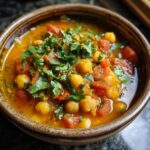 Close-up of a bowl of Moroccan Chickpea Soup, garnished with fresh cilantro.