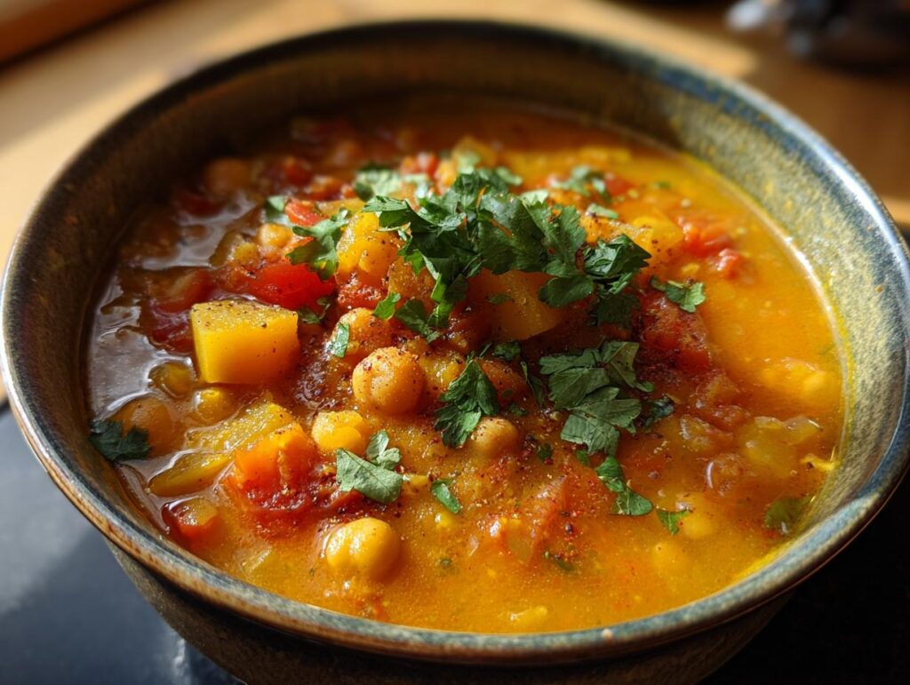 Close-up of a bowl of delicious Moroccan Chickpea Soup, garnished with fresh herbs.