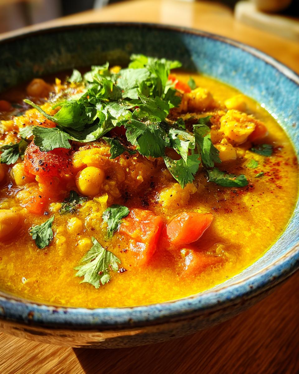 Close-up of a bowl filled with delicious Moroccan Chickpea Soup, garnished with fresh cilantro.