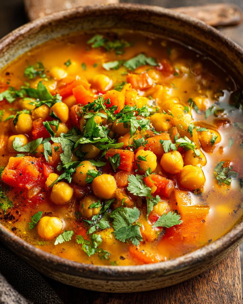 Close-up of a bowl of delicious Moroccan Chickpea Soup, garnished with fresh herbs.