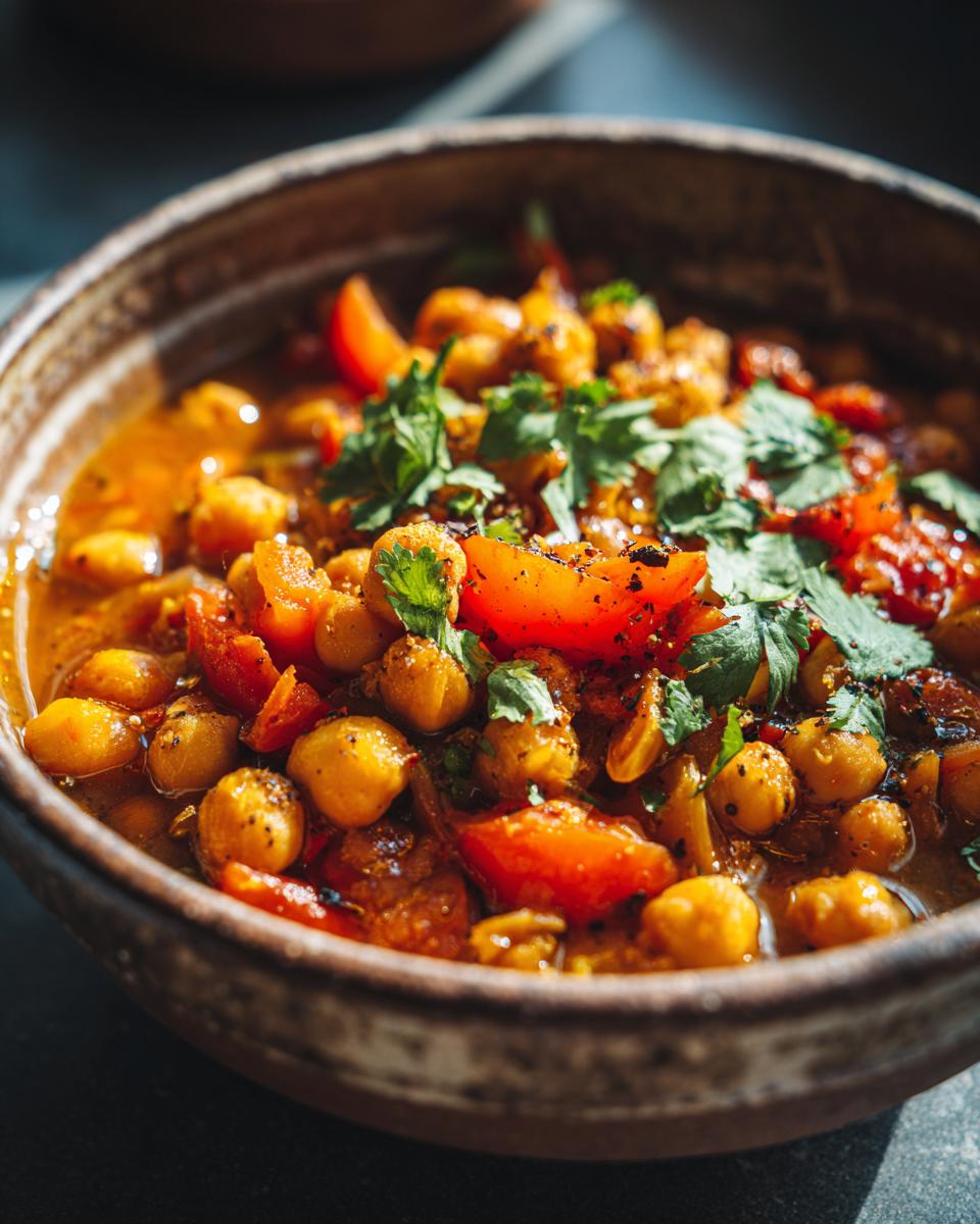 Close-up of a bowl of Moroccan Chickpea Soup with tomatoes and herbs.