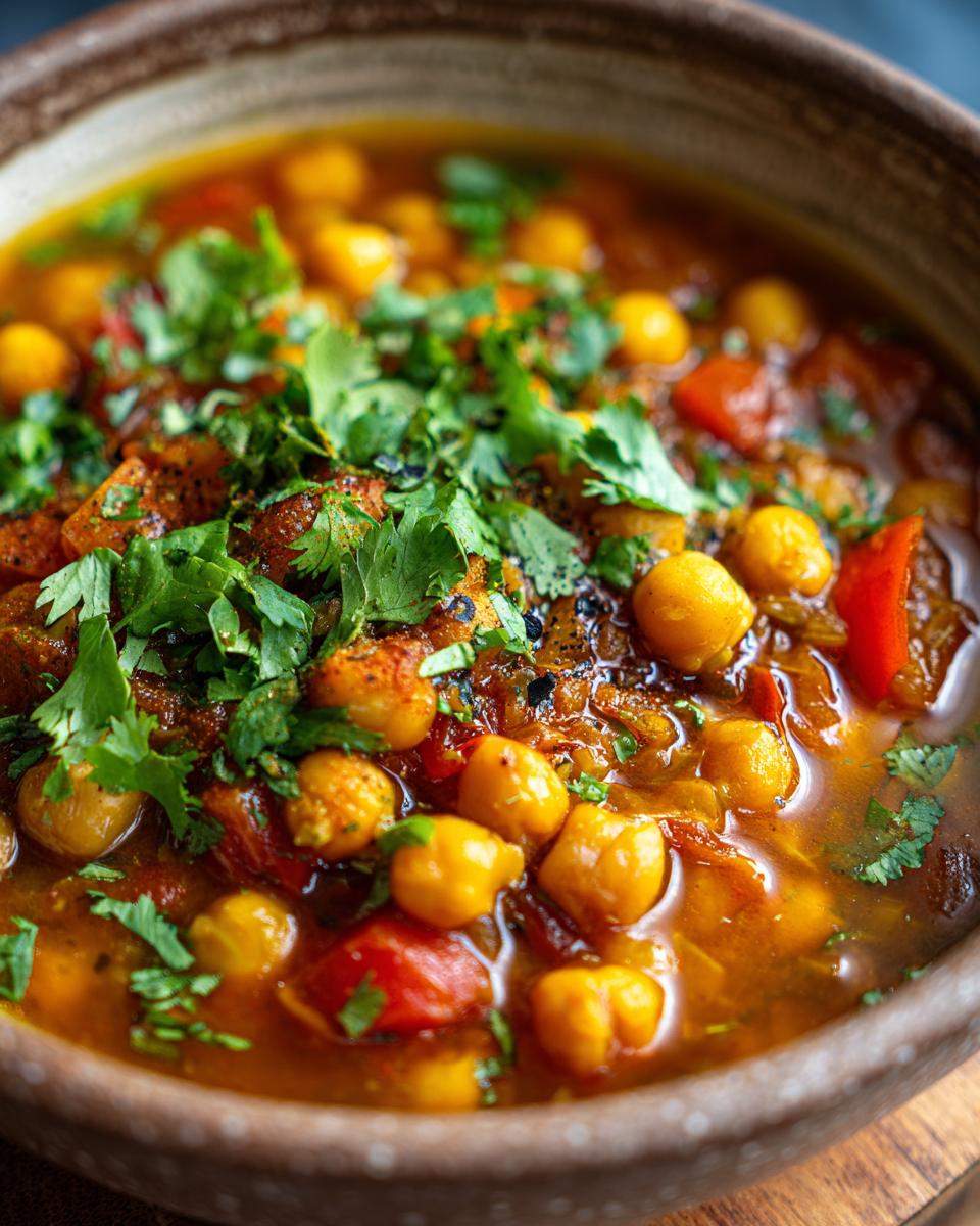 Close-up of a bowl of Moroccan Chickpea Soup, garnished with fresh cilantro.