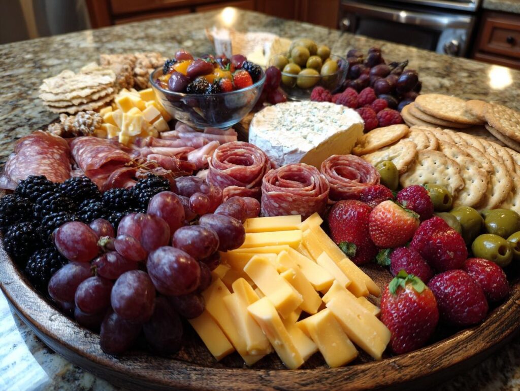 A festive New Year's Eve charcuterie board filled with assorted cheeses, cured meats, grapes, berries, olives, and crackers.