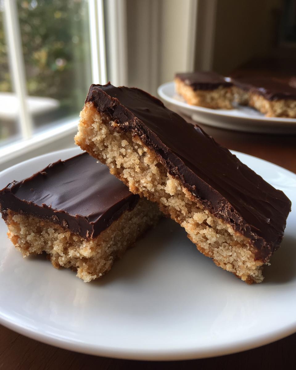 Close-up of two North Pole Chocolate-Dipped Shortbread Bars on a white plate, showing the shortbread and chocolate.