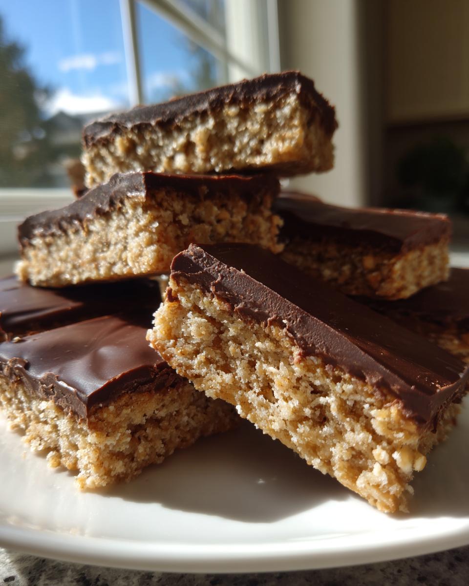 Close-up of a stack of North Pole Chocolate-Dipped Shortbread Bars on a white plate, with a chocolate topping.