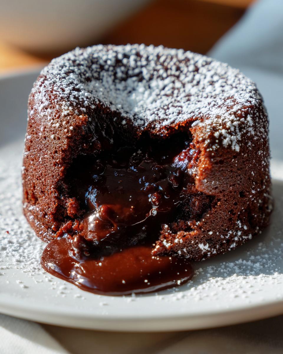 Close-up of a 4-Ingredient Nutella Lava Cake with molten chocolate center, dusted with powdered sugar.