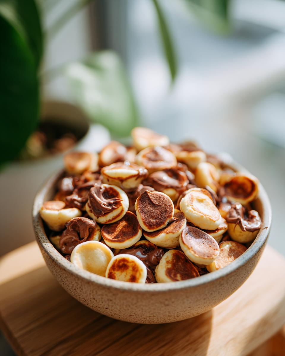 Close-up of a bowl filled with Nutella-Stuffed Pancake Cereal, a fun breakfast treat.