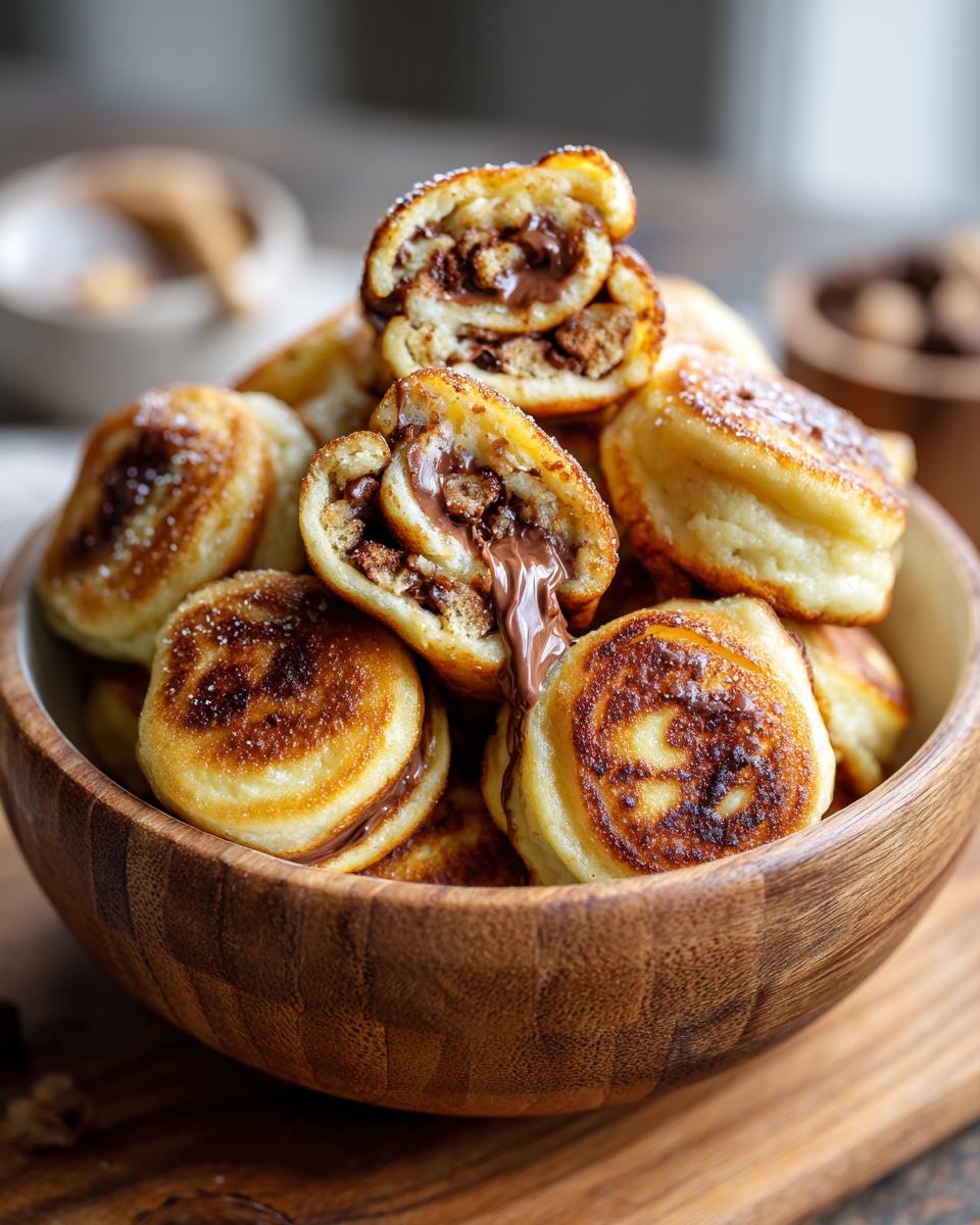 Close-up of a wooden bowl filled with Nutella-Stuffed Pancake Cereal, with Nutella oozing out.