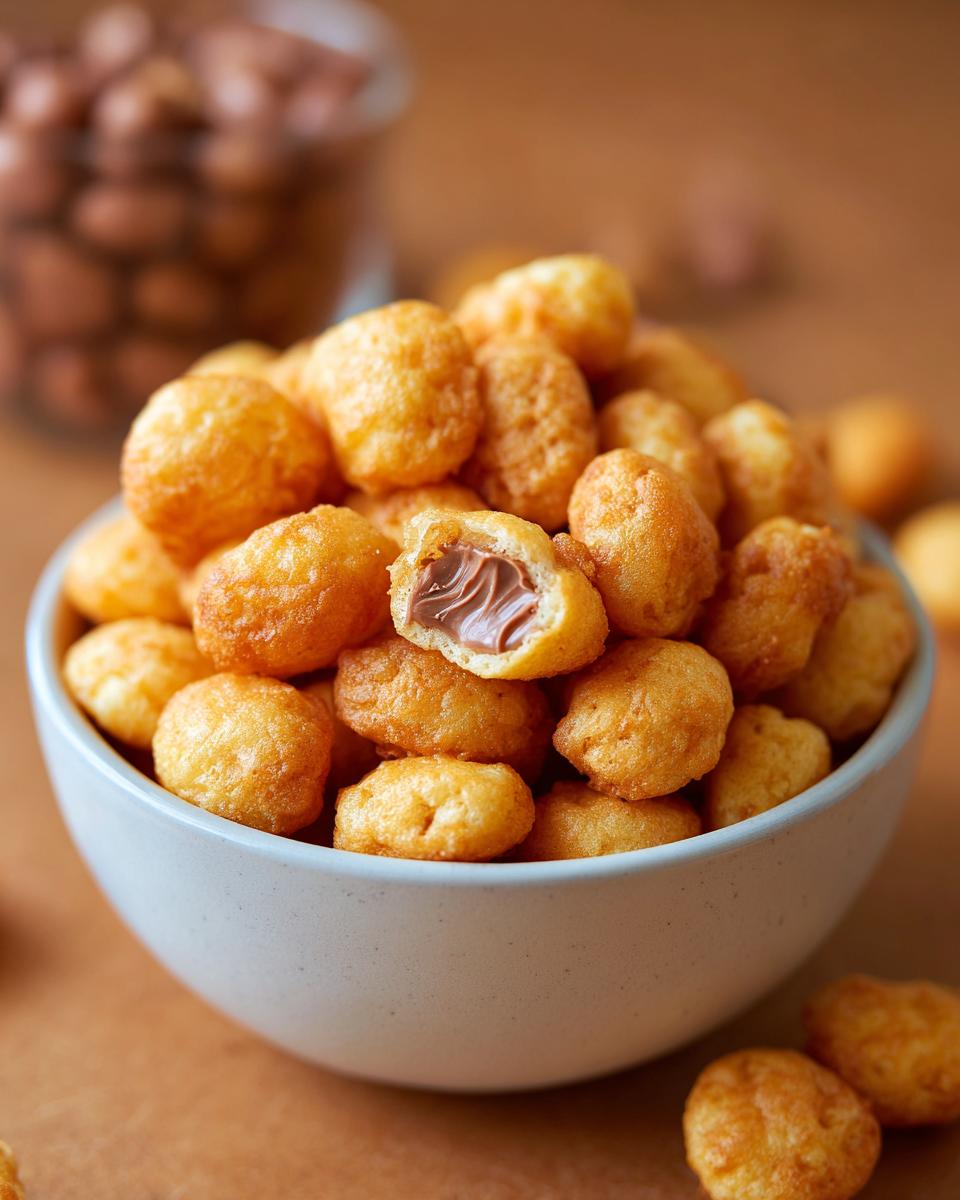 Close-up of a bowl of Nutella-Stuffed Pancake Cereal, with one cut open to show the Nutella filling.