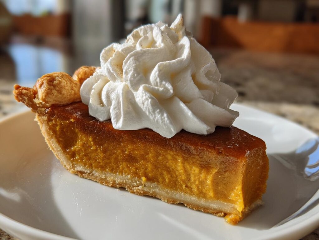 A slice of old-fashioned pumpkin pie topped with spiced whipped cream on a white plate.