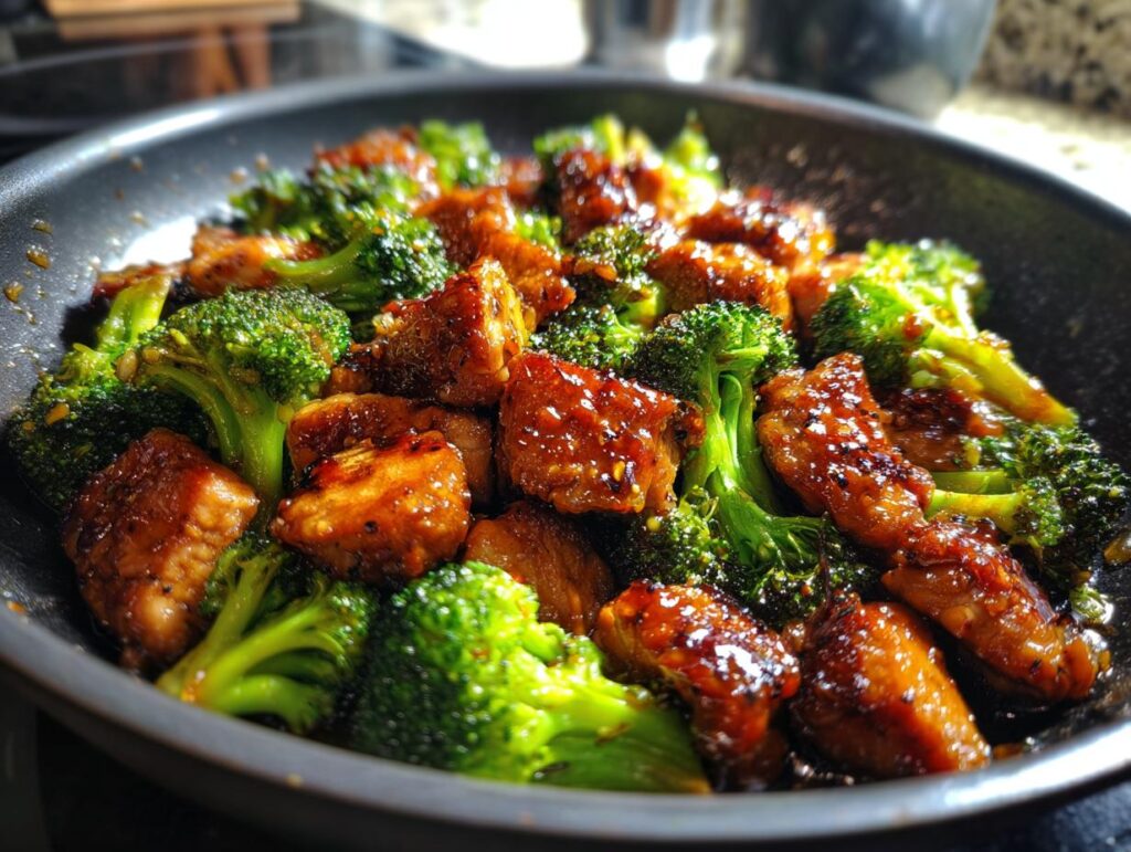 Close-up of One-Pan Honey Soy Chicken and Broccoli in a pan.