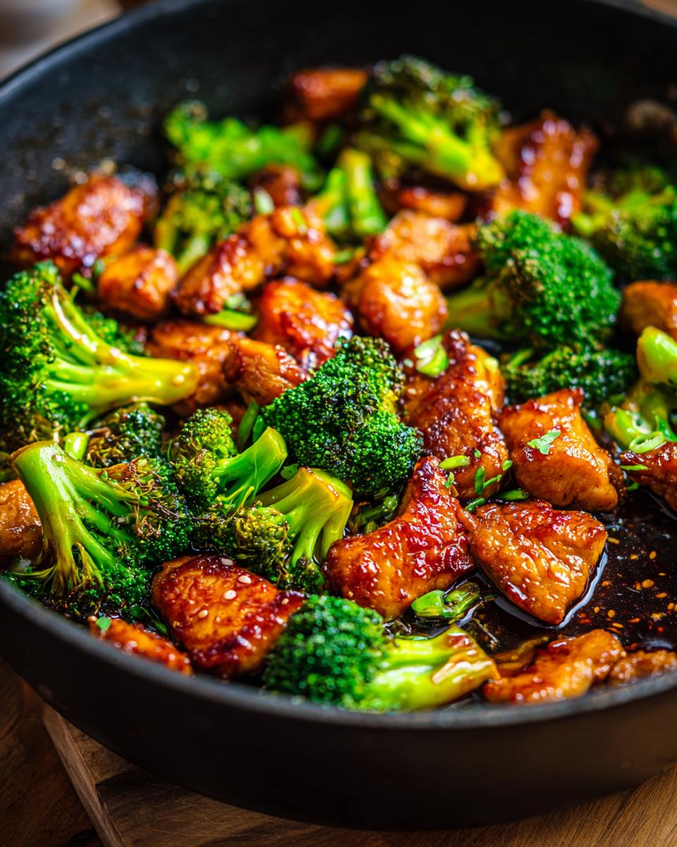Close-up of One-Pan Honey Soy Chicken and Broccoli in a skillet, showing chicken and broccoli.