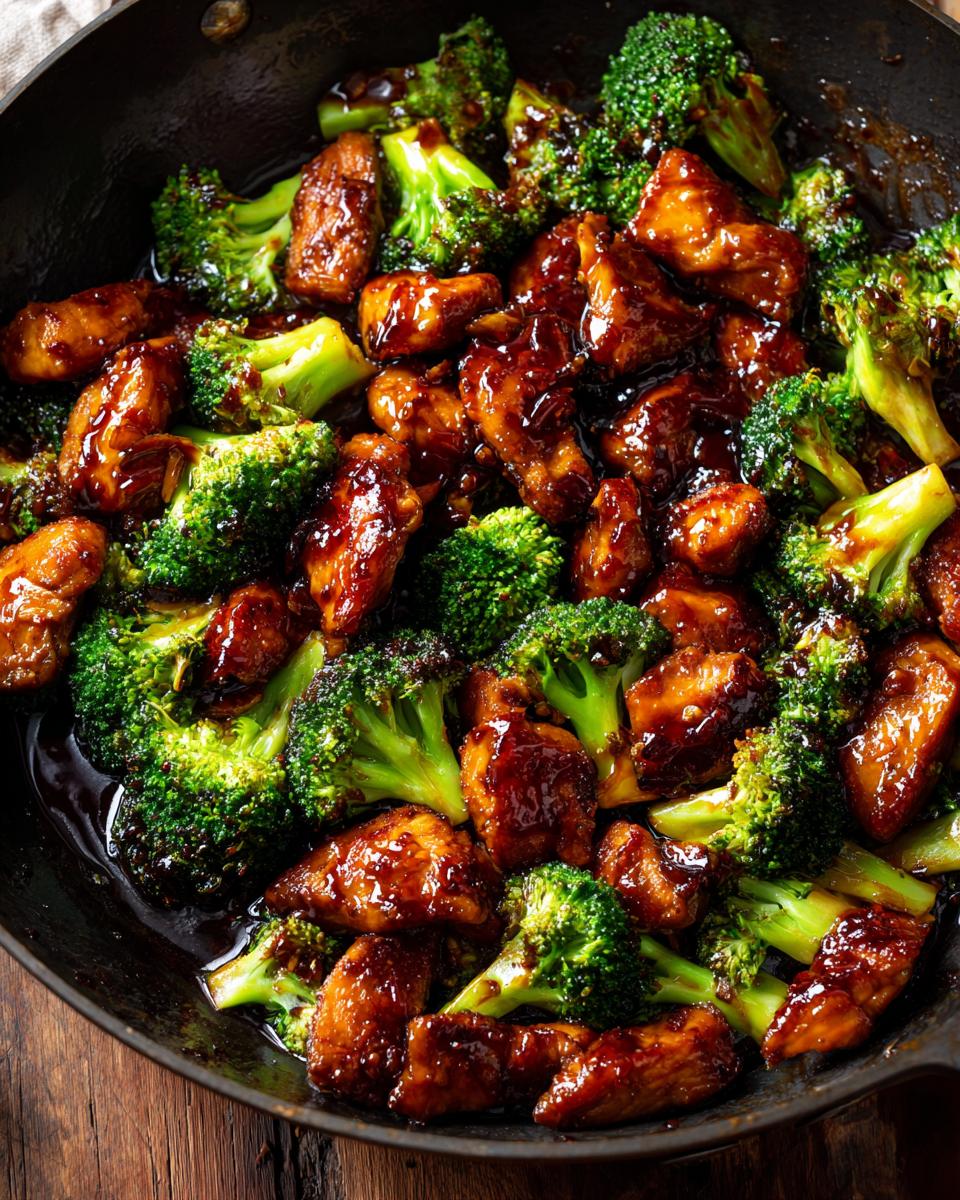 Close-up of One-Pan Honey Soy Chicken and Broccoli in a skillet, showing chicken and broccoli.
