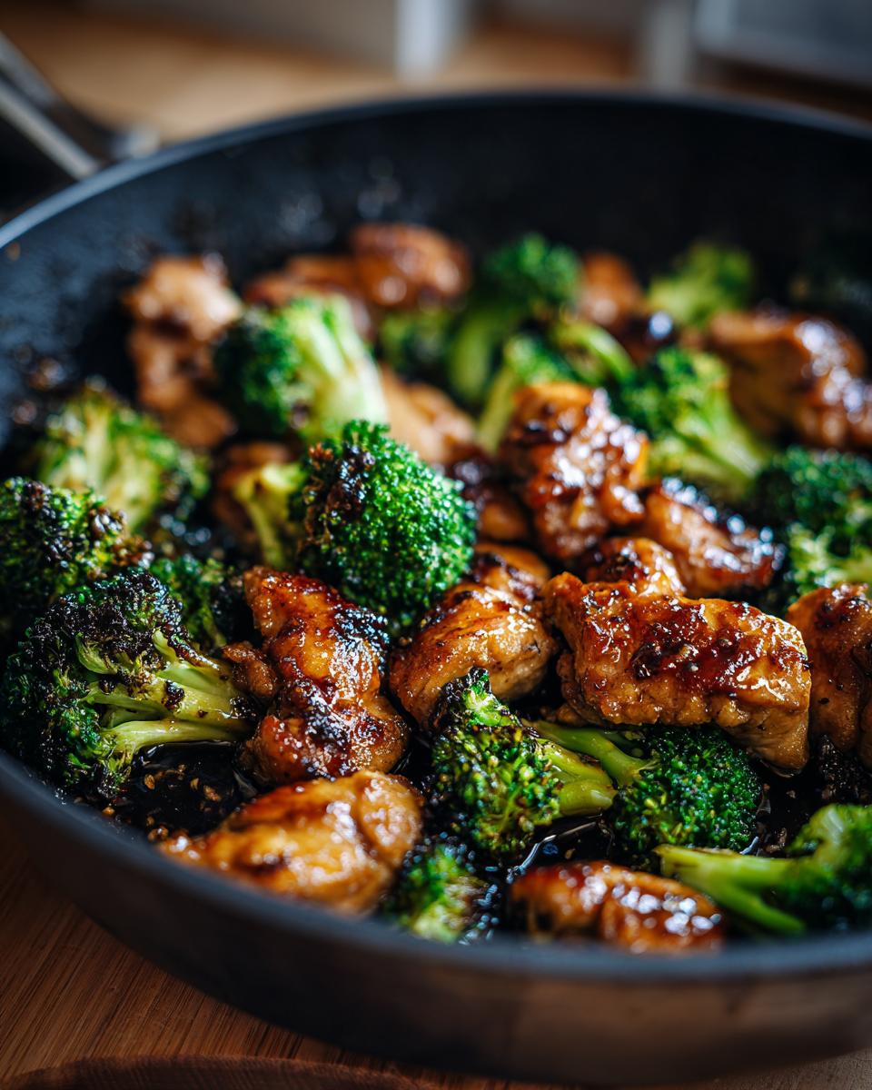 Close-up of One-Pan Honey Soy Chicken and Broccoli in a skillet, showing chicken and broccoli.