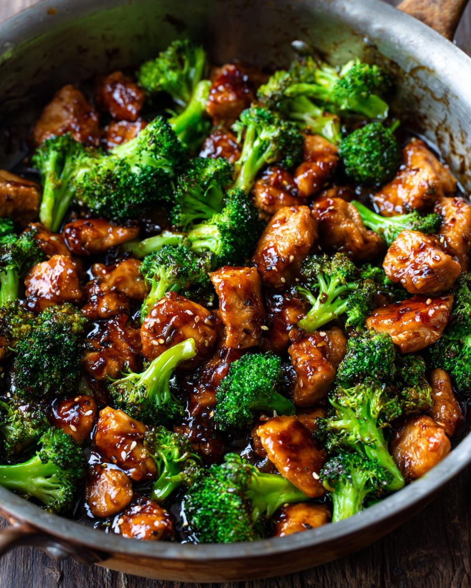 Close-up of One-Pan Honey Soy Chicken and Broccoli in a skillet, with chicken and broccoli.
