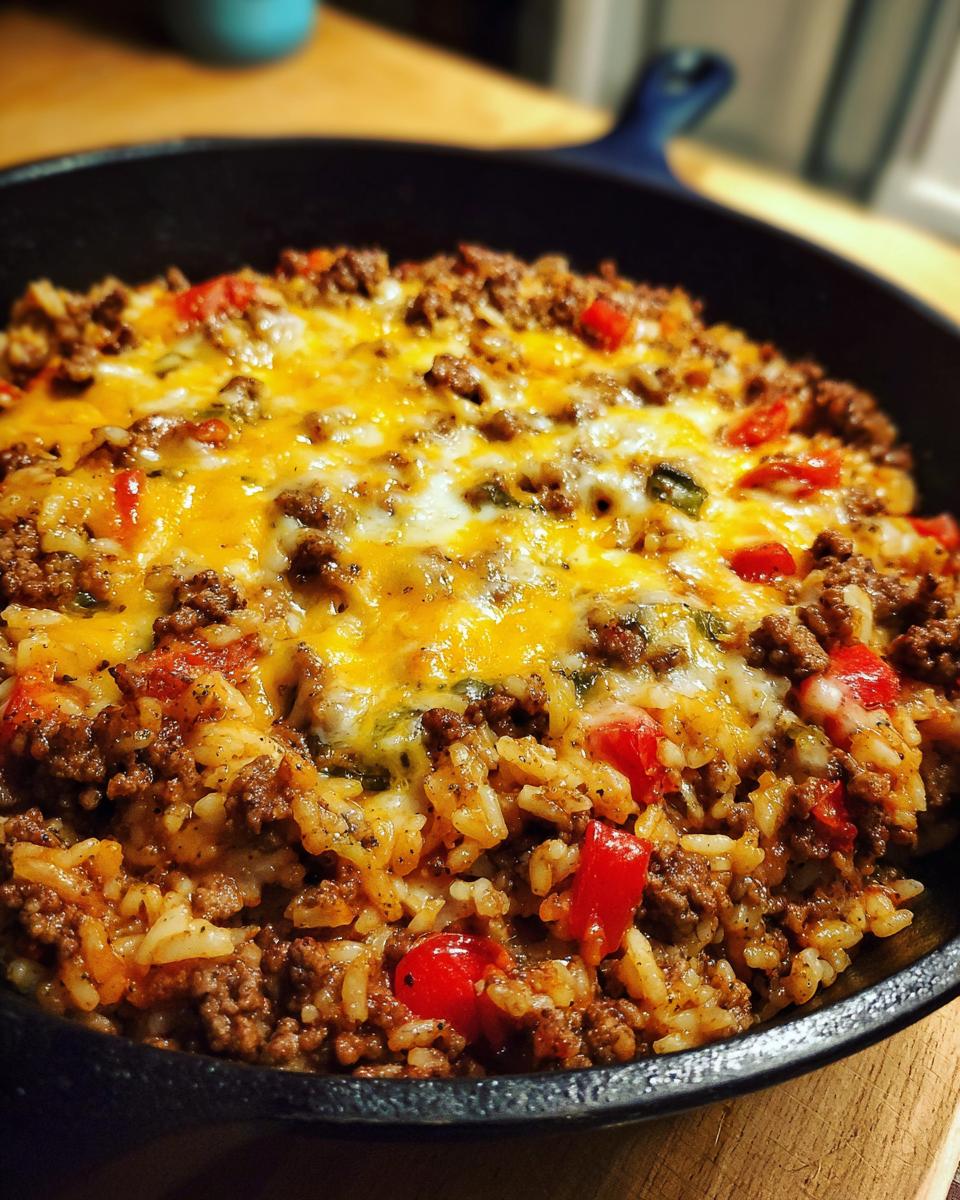 Close-up of a One-Pot Cheesy Beef and Rice Skillet in a cast iron pan, topped with melted cheese.