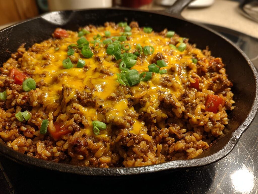 Close-up of a One-Pot Cheesy Beef and Rice Skillet in a cast iron skillet, topped with melted cheese and green onions.