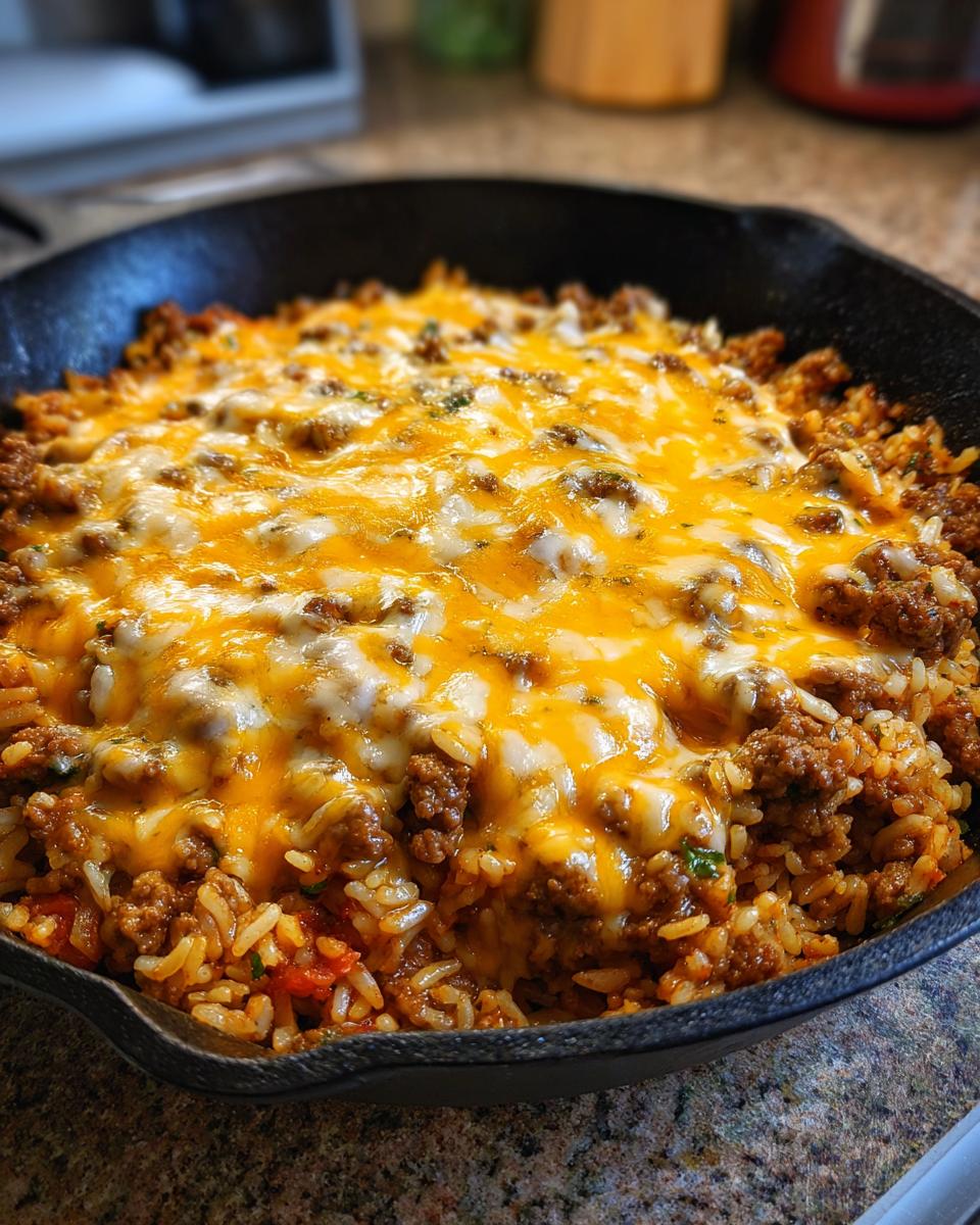 Close-up of a One-Pot Cheesy Beef and Rice Skillet in a cast iron pan, topped with melted cheese.