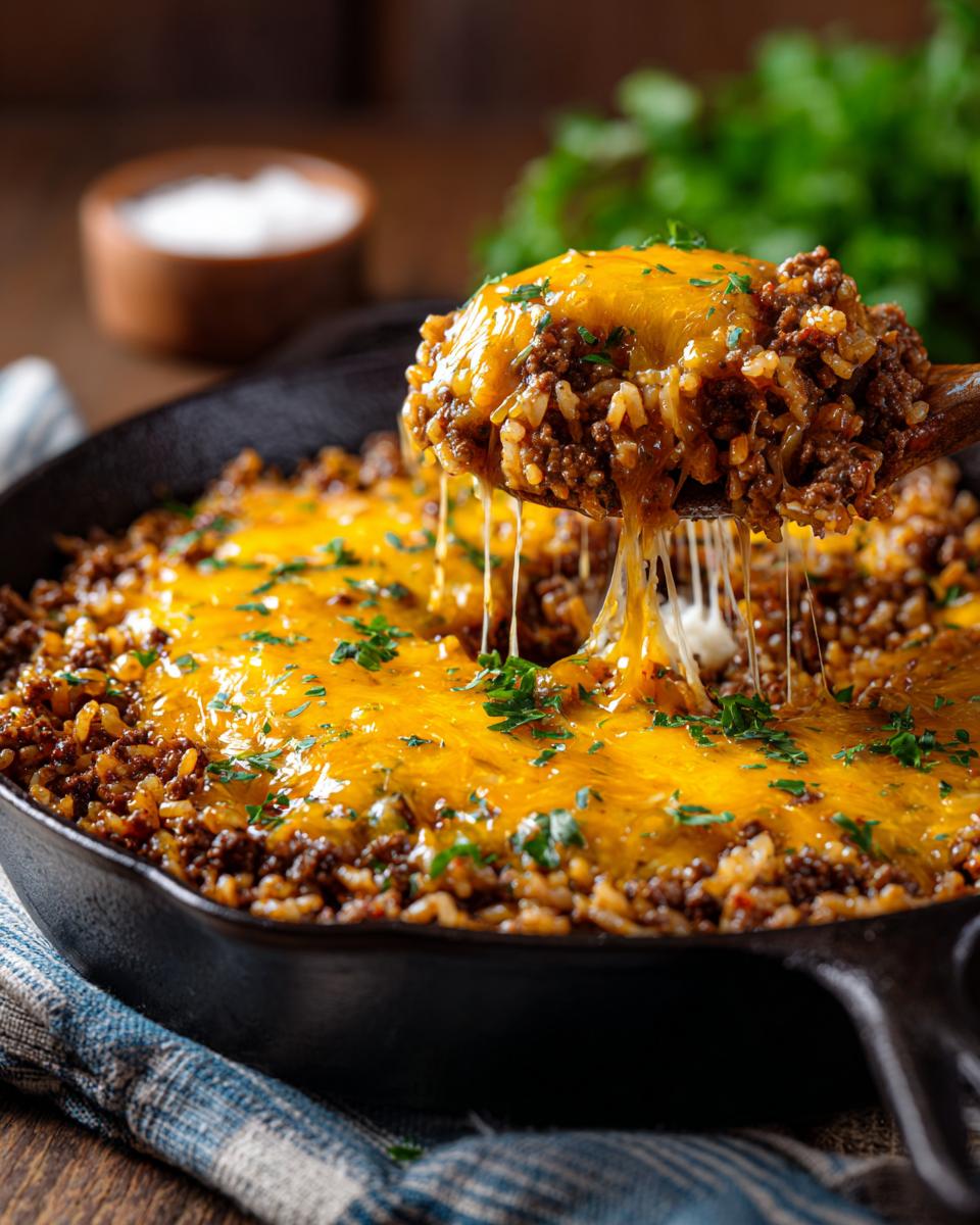 Close-up of a wooden spoon scooping up One-Pot Cheesy Beef and Rice Skillet with melted cheese.