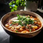 Close-up of a bowl of One-Pot Pasta e Fagioli Soup, garnished with herbs and cheese.