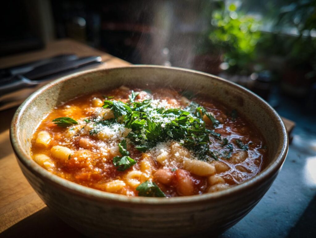Close-up of a bowl of steaming One-Pot Pasta e Fagioli Soup, garnished with herbs and cheese.