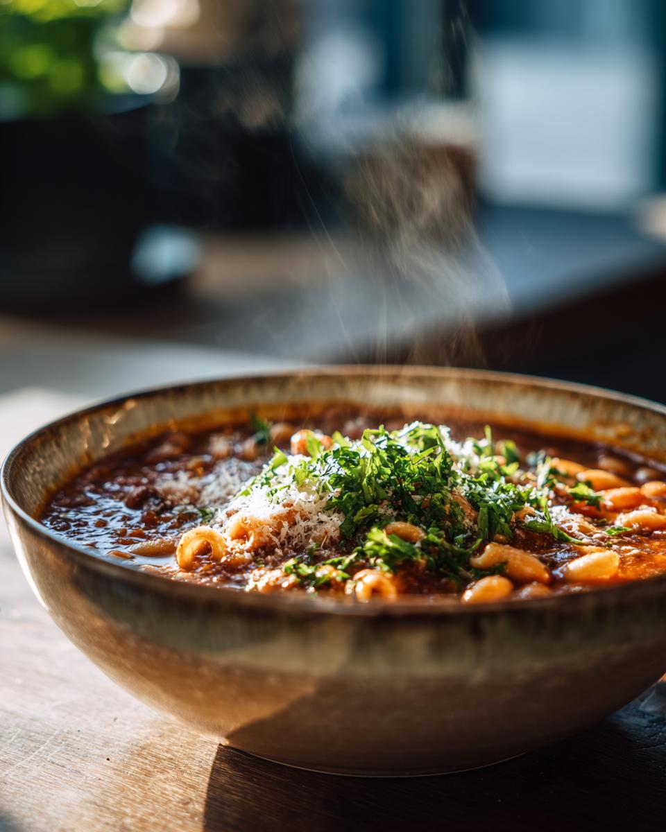 Close-up of a bowl of One-Pot Pasta e Fagioli Soup, garnished with herbs and cheese.