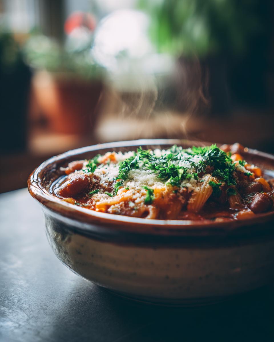 Close-up of a bowl of One-Pot Pasta e Fagioli Soup, garnished with herbs and cheese.