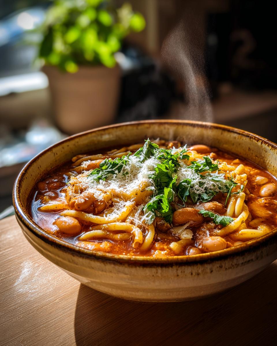 Close-up of a bowl of One-Pot Pasta e Fagioli Soup, garnished with cheese and herbs.