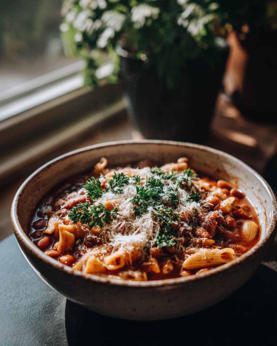 A bowl of One-Pot Pasta e Fagioli Soup, garnished with cheese and parsley.