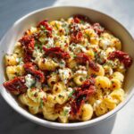 Close-up of a bowl of One-Pot Sun-Dried Tomato Feta Pasta, showing pasta, feta, and sun-dried tomatoes.