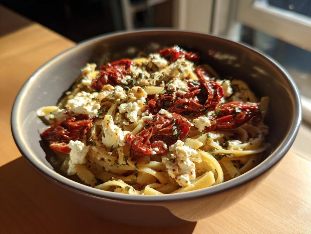 Close-up of a bowl of One-Pot Sun-Dried Tomato Feta Pasta with feta cheese and sun-dried tomatoes.