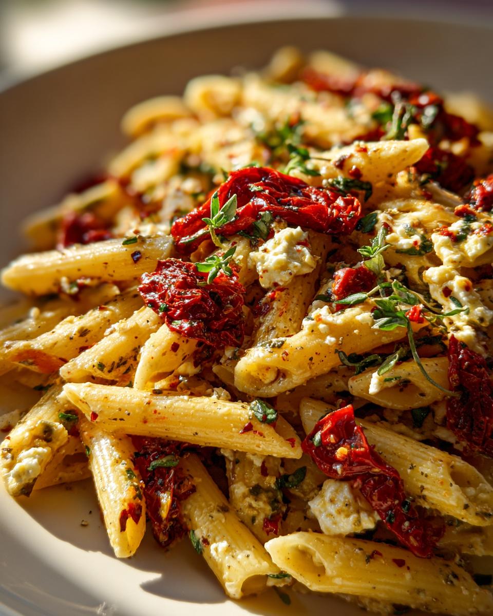 Close-up of One-Pot Sun-Dried Tomato Feta Pasta with sun-dried tomatoes, feta cheese, and herbs.