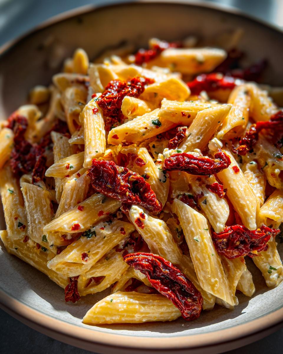 Close-up of creamy One-Pot Sun-Dried Tomato Feta Pasta with sun-dried tomatoes and feta cheese.