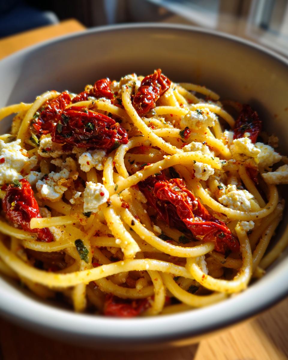 Close-up of One-Pot Sun-Dried Tomato Feta Pasta in a bowl, showing pasta, sun-dried tomatoes, and feta cheese.