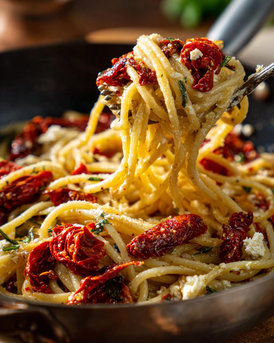 Close-up of One-Pot Sun-Dried Tomato Feta Pasta with pasta, sun-dried tomatoes, and feta cheese on a fork.