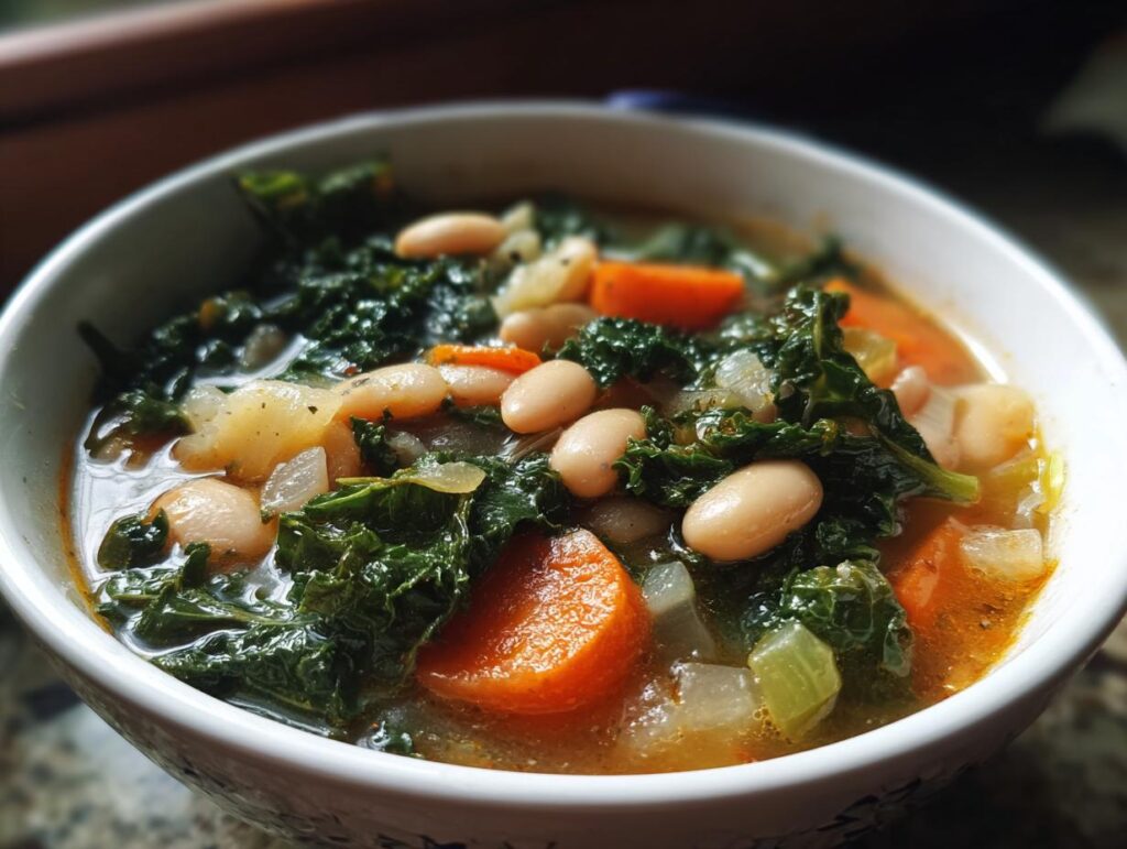 Close-up of a bowl of One-Pot White Bean & Kale Soup with beans, kale, and vegetables.