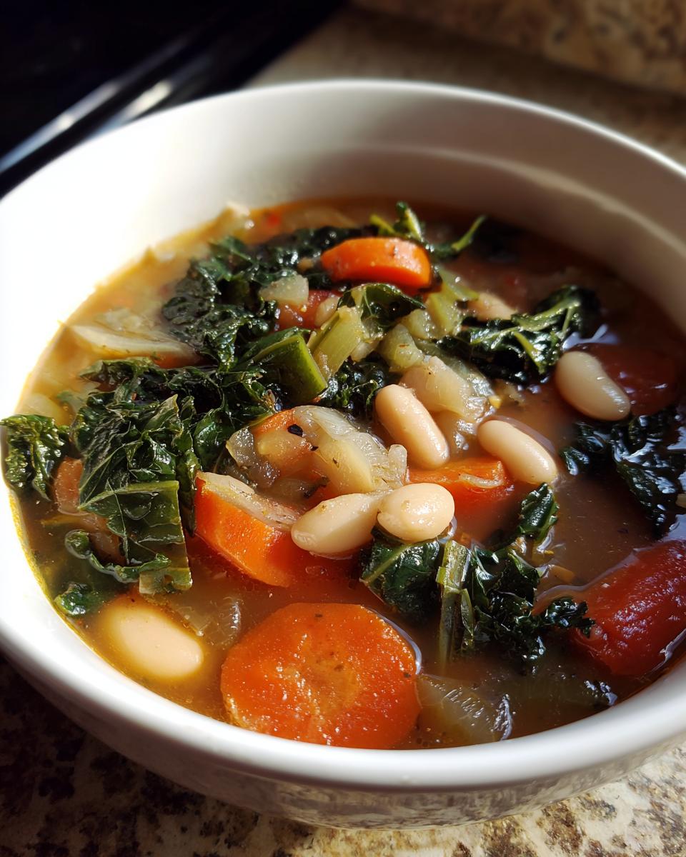 Close-up of a bowl filled with delicious One-Pot White Bean & Kale Soup.