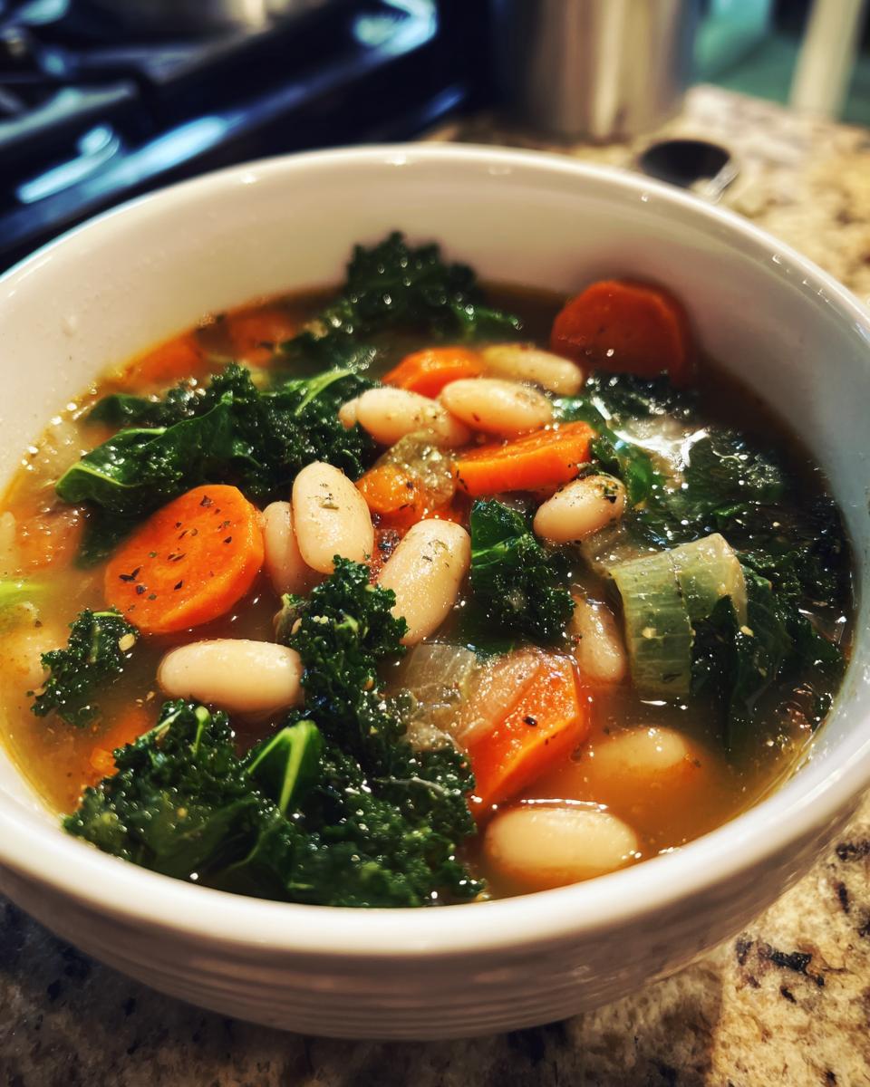 Close-up of a bowl of One-Pot White Bean & Kale Soup with vegetables and beans.