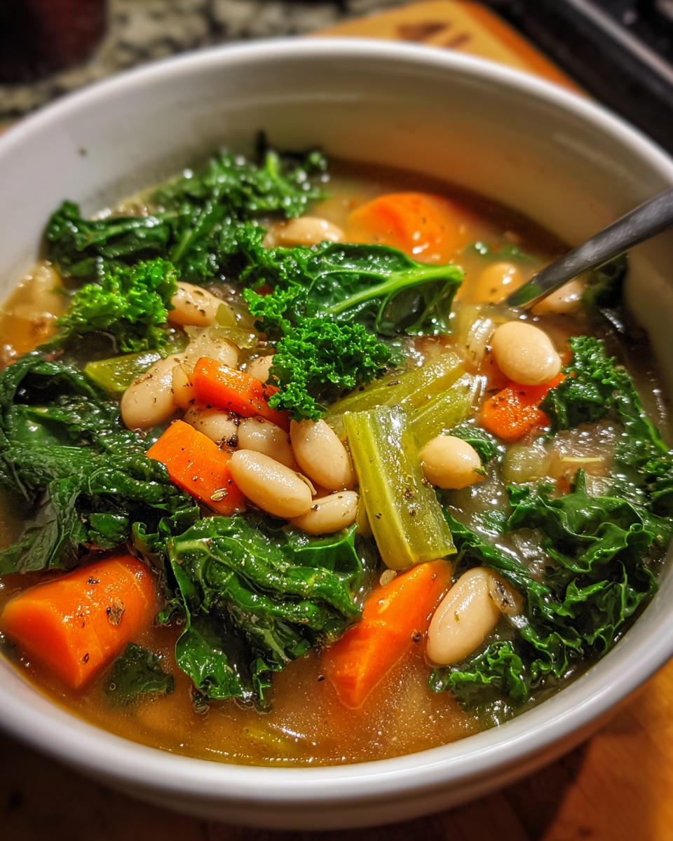 Close-up of a bowl filled with One-Pot White Bean & Kale Soup, with kale, beans, and carrots.