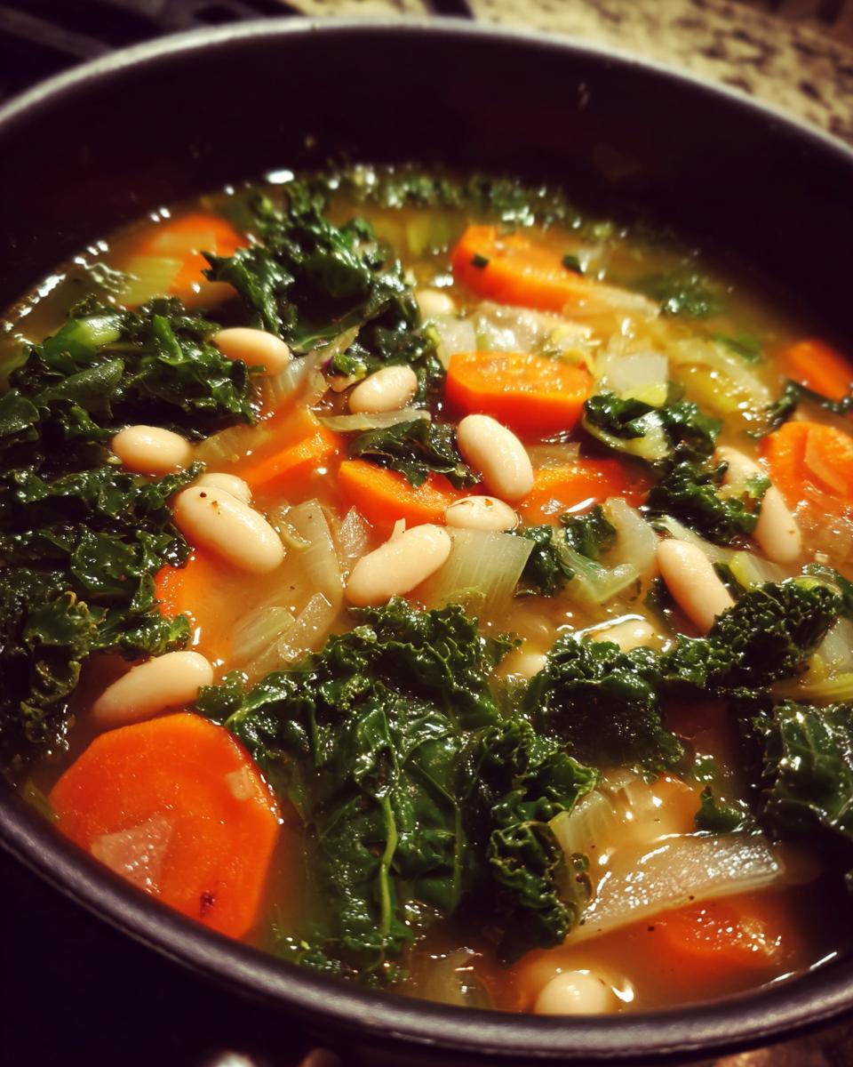 Close-up of One-Pot White Bean & Kale Soup with white beans, carrots, and kale in a pot.