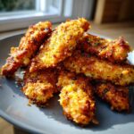 Pile of crispy Oven-Baked Cheddar Jalapeño Chicken Tenders on a plate, ready to eat.