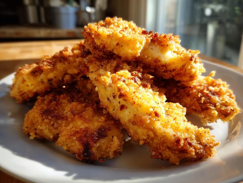 Pile of golden brown Oven-Baked Cheddar Jalapeño Chicken Tenders on a white plate.