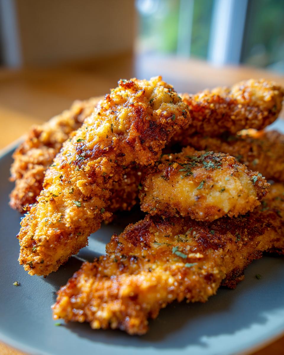 Close-up of golden-brown Oven-Baked Cheddar Jalapeño Chicken Tenders on a plate.
