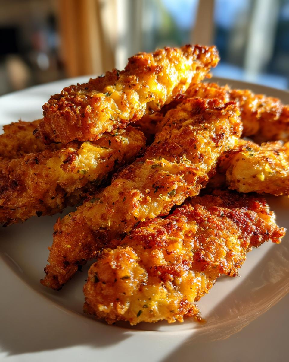 Pile of crispy Oven-Baked Cheddar Jalapeño Chicken Tenders on a white plate.